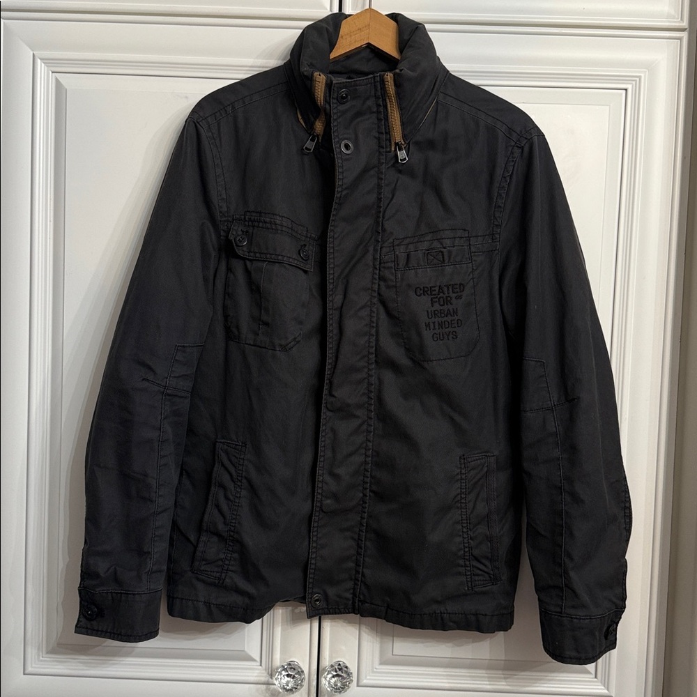 QS by s.Oliver Chore Jacket Mens Size Medium Navy Coated Cotton Pockets Hood VTG